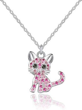 Girls Cat Birthstone Necklace - Cute Kitty Pendant Jewelry for Cat Lovers